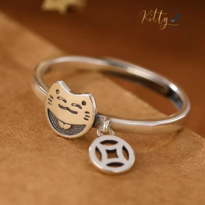 Smiley Cat Ring with Hanging Charm in Solid 925 Sterling Silver - Rhodium-Plated - Adjustable