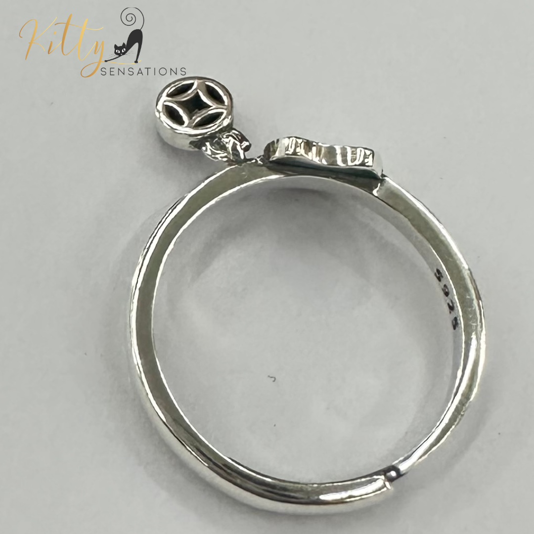 Smiley Cat Ring with Hanging Charm in Solid 925 Sterling Silver - Rhodium-Plated - Adjustable