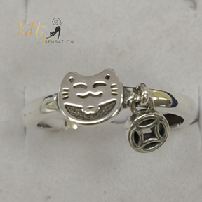 Smiley Cat Ring with Hanging Charm in Solid 925 Sterling Silver - Rhodium-Plated - Adjustable