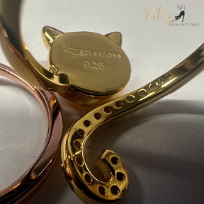 Solid 925 Sterling Silver, gold-plated cat-shaped ring with large opal center stone for kitty face with cute ears and AAA quality cubic zirconia adorning the kitty tail of this adjustable size ring. 