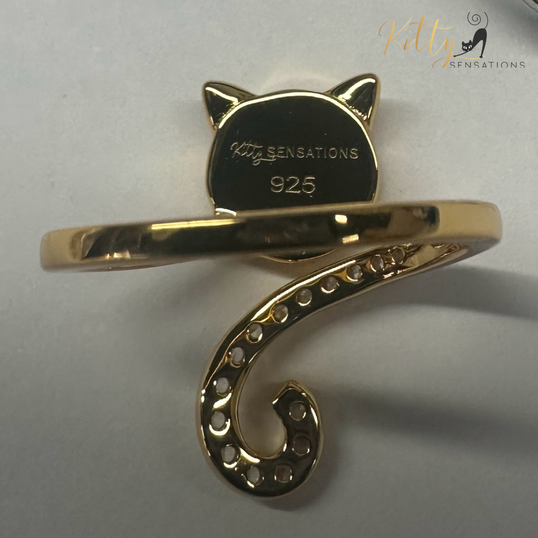 Solid 925 Sterling Silver, gold-plated cat-shaped ring with large opal center stone for kitty face with cute ears and AAA quality cubic zirconia adorning the kitty tail of this adjustable size ring. 