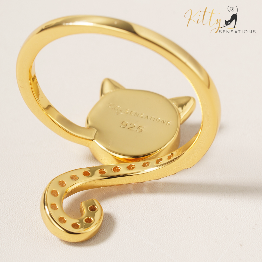 Solid 925 Sterling Silver, gold-plated cat-shaped ring with large opal center stone for kitty face with cute ears and AAA quality cubic zirconia adorning the kitty tail of this adjustable size ring. 