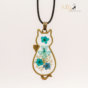 Pressed Flower Cat Necklace in Acrylic and Real Flowers