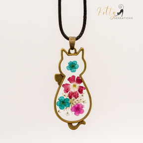 Pressed Flower Cat Necklace in Acrylic and Real Flowers