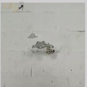 Smiley Cat Ring with Hanging Charm in Solid 925 Sterling Silver - Rhodium-Plated - Adjustable