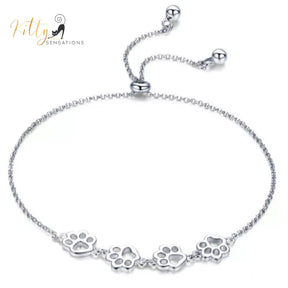 4 Cat Paws Bracelet in Solid 925 Sterling Silver - Adjustable (Platinum Plated)