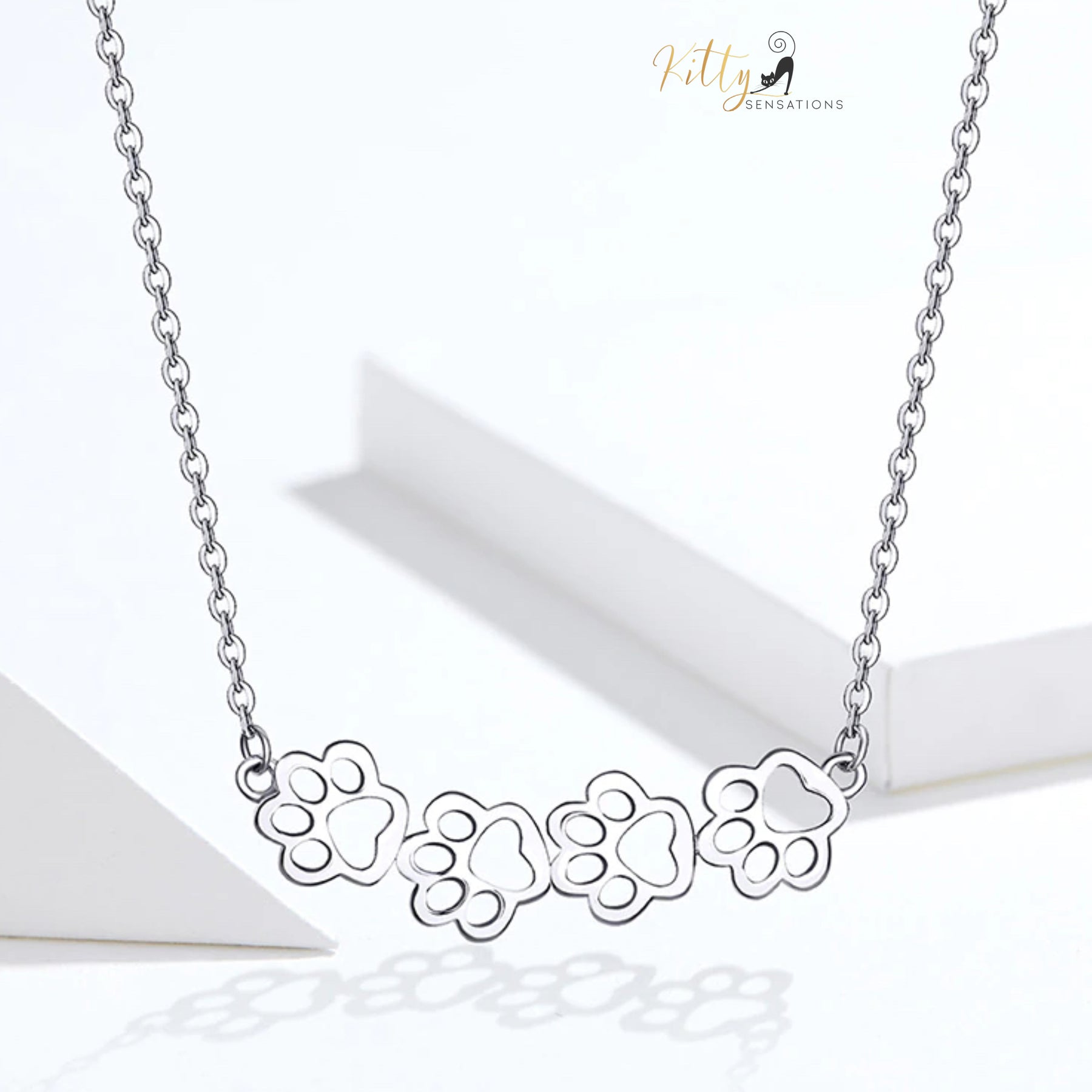 4 Cat Paws Necklace in Solid 925 Sterling Silver - (Platinum Plated)