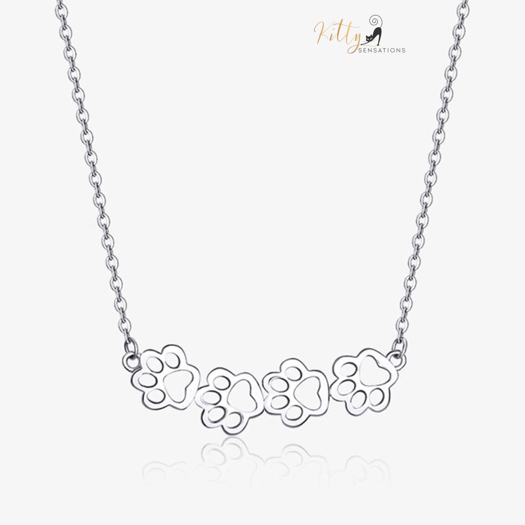 4 Cat Paws Necklace in Solid 925 Sterling Silver - (Platinum Plated)