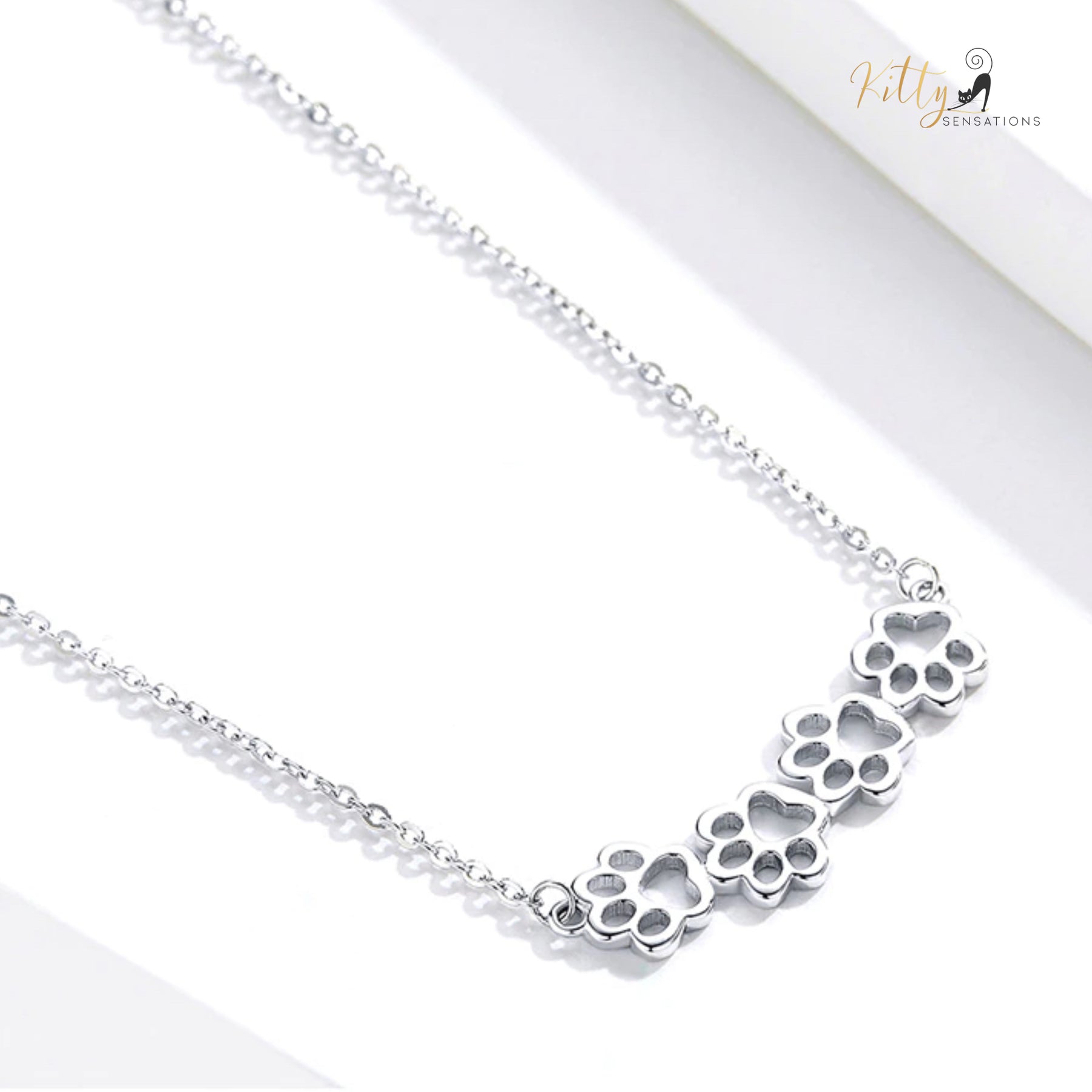 4 Cat Paws Necklace in Solid 925 Sterling Silver - (Platinum Plated)