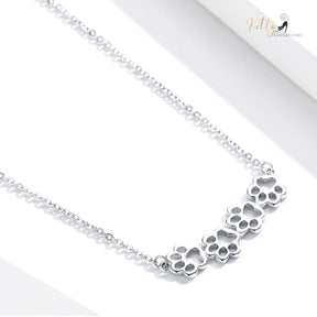 4 Cat Paws Necklace in Solid 925 Sterling Silver - (Platinum Plated)