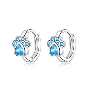 Blue Zircon Heart-Paw Cat Hoop Earrings in Solid 925 Sterling Silver