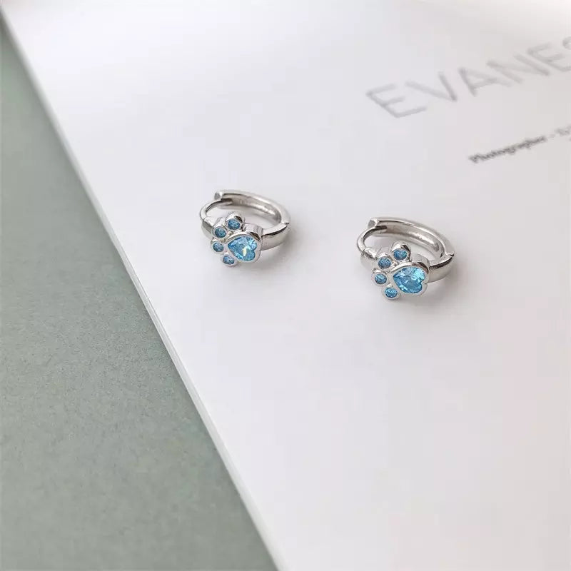 Blue Zircon Heart-Paw Cat Hoop Earrings in Solid 925 Sterling Silver