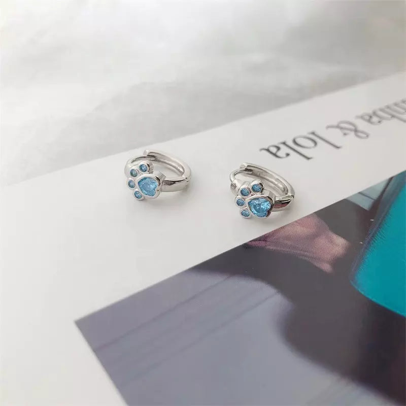 Blue Zircon Heart-Paw Cat Hoop Earrings in Solid 925 Sterling Silver