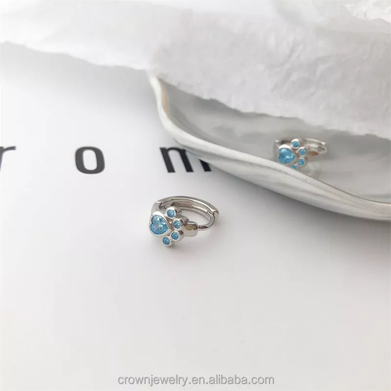 Blue Zircon Heart-Paw Cat Hoop Earrings in Solid 925 Sterling Silver