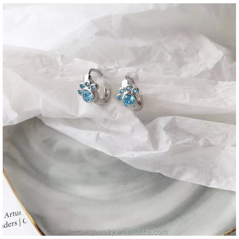 Blue Zircon Heart-Paw Cat Hoop Earrings in Solid 925 Sterling Silver