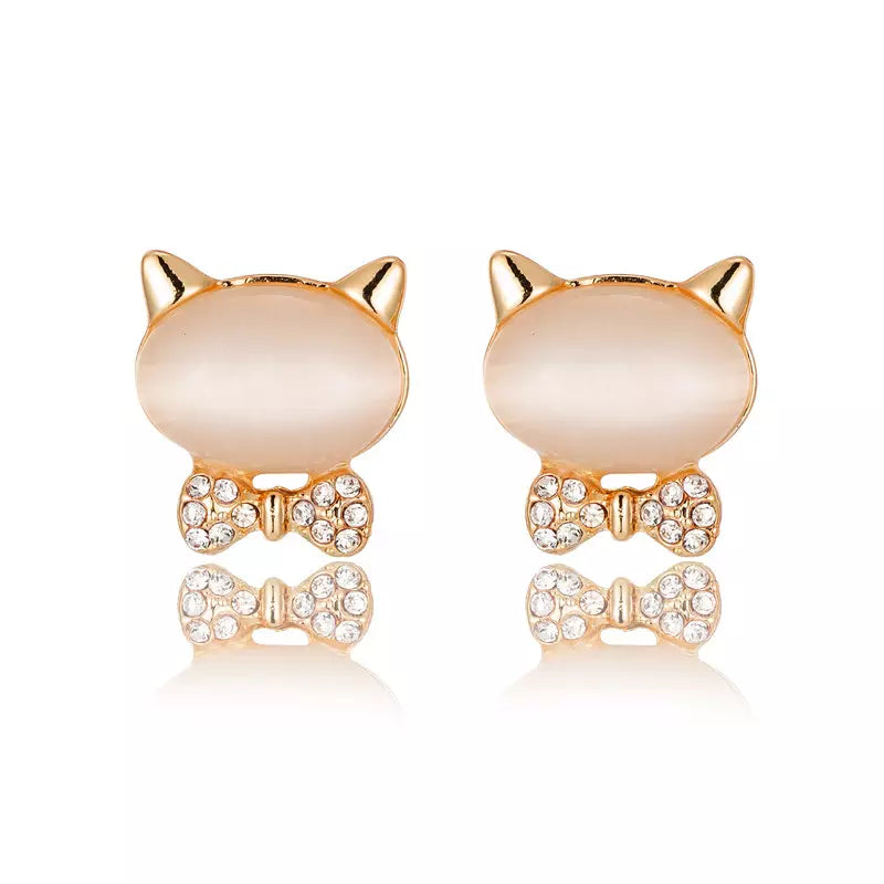 Bow Cat Natural Opal Stud Earrings (14K Gold Plated - Rose Gold or Yellow Gold)