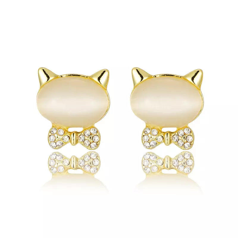 Bow Cat Natural Opal Stud Earrings (14K Gold Plated - Rose Gold or Yellow Gold)