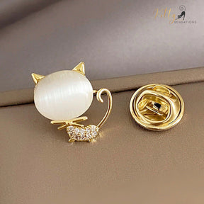 Natural Opal Bow Cat CZ Brooch/Lapel Pin