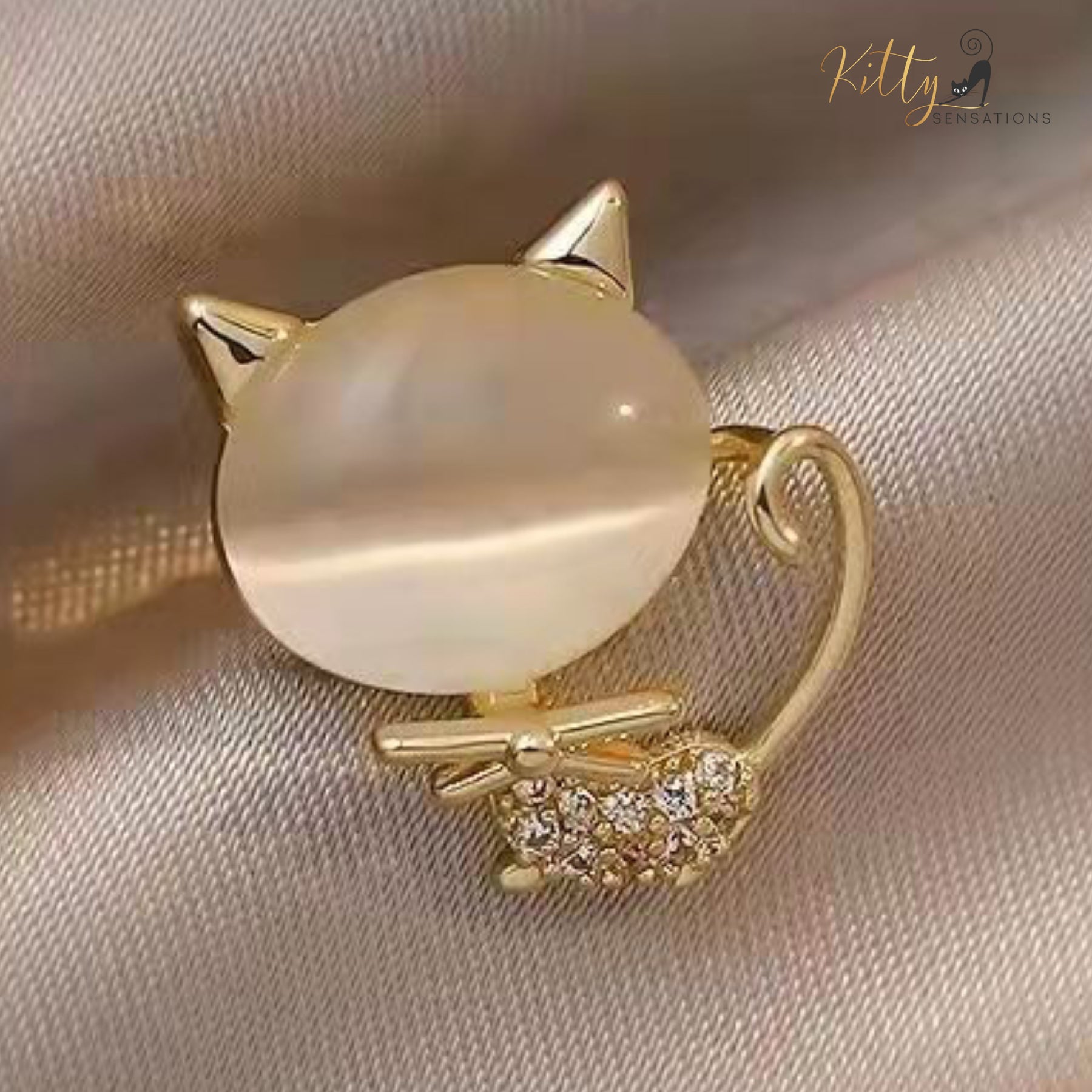 Natural Opal Bow Cat CZ Brooch/Lapel Pin