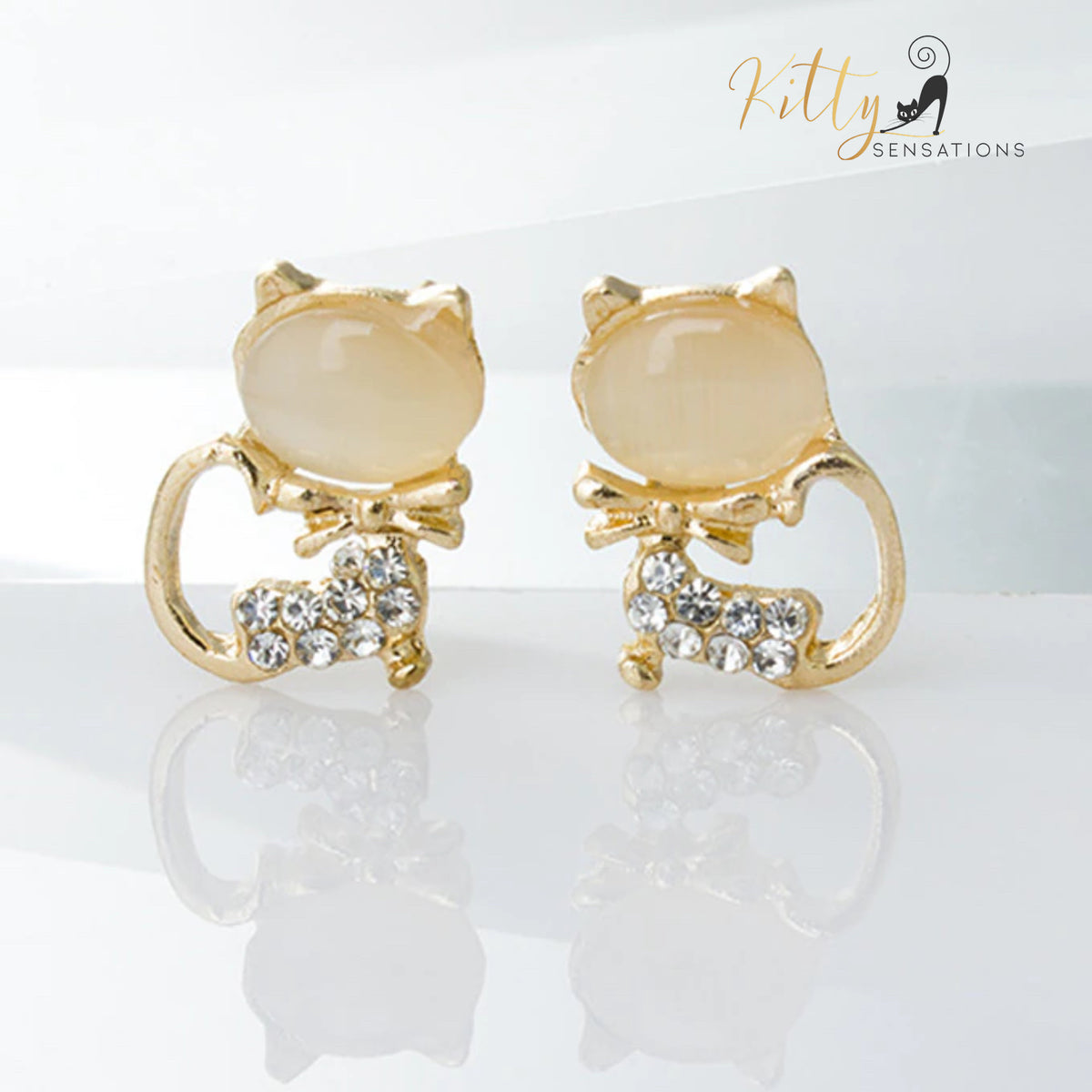 Natural Opal Bow Cat CZ Stud Earrings (White or Pink)