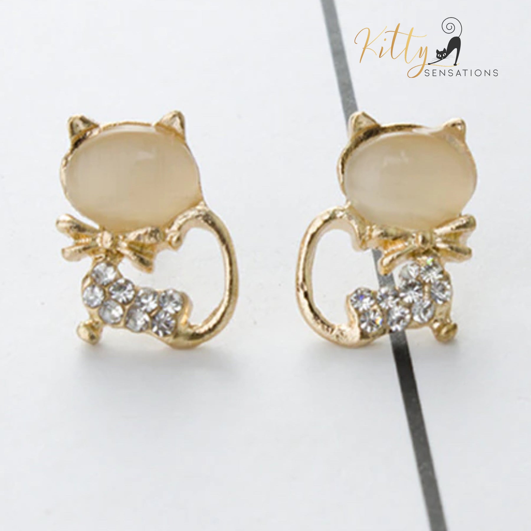 Natural Opal Bow Cat CZ Stud Earrings (White or Pink)