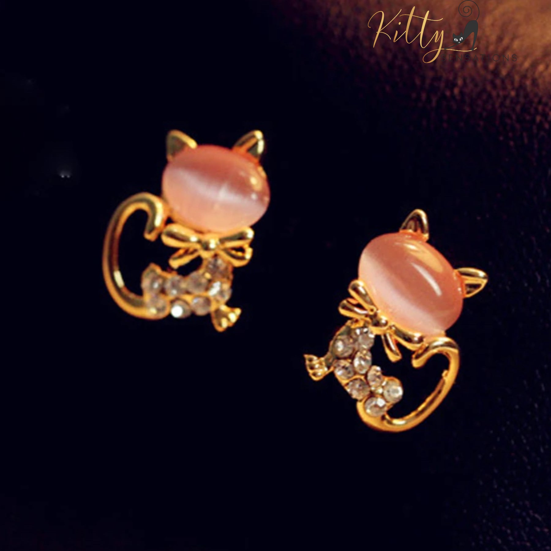 Natural Opal Bow Cat CZ Stud Earrings (White or Pink)