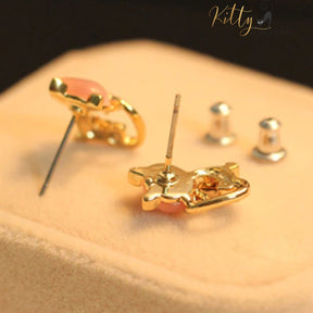 Natural Opal Bow Cat CZ Stud Earrings (White or Pink)