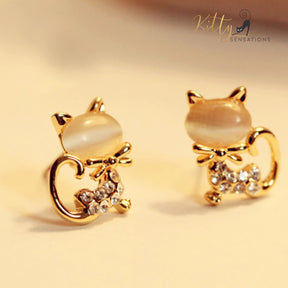 Natural Opal Bow Cat CZ Stud Earrings (White or Pink)