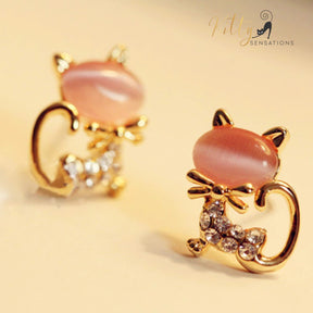 Natural Opal Bow Cat CZ Stud Earrings (White or Pink)