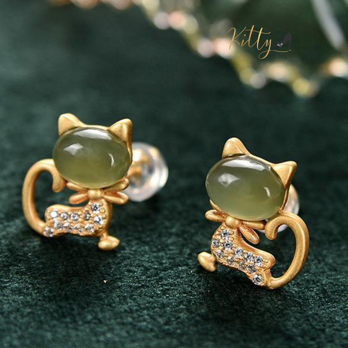 http://KittySensations.com Natural Jade Bow Cat CZ Stud Earrings in Solid 925 Sterling Silver (Gold Plated) ($31.05): https://kittysensations.com/products/natural-jade-bow-cat-cz-stud-earrings-in-solid-925-sterling-silver-gold-plated