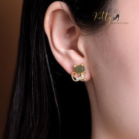 http://KittySensations.com Natural Jade Bow Cat CZ Stud Earrings in Solid 925 Sterling Silver (Gold Plated) ($31.05): https://kittysensations.com/products/natural-jade-bow-cat-cz-stud-earrings-in-solid-925-sterling-silver-gold-plated