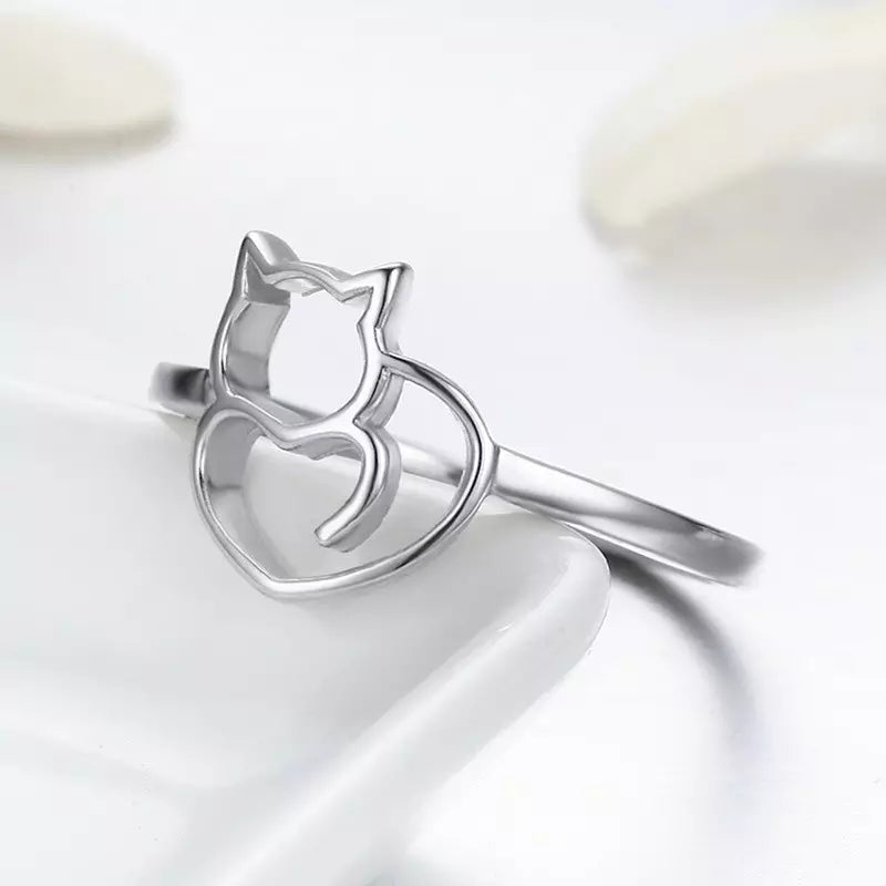 Cat Heart Ring in Solid 925 Sterling Silver