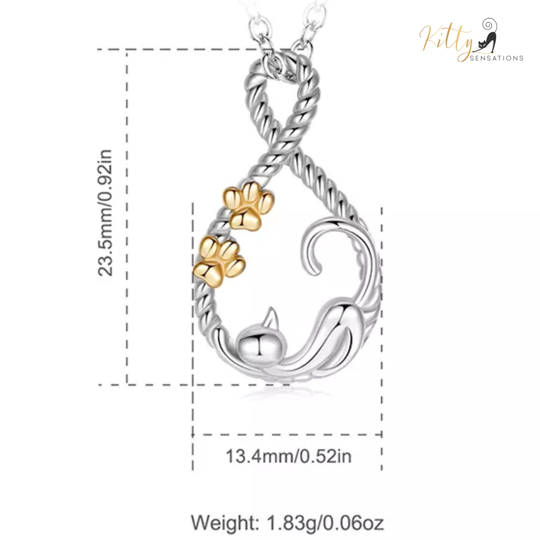 Cat-On-A-Hammock Necklace in Solid 925 Sterling Silver - 18K Rhodium Plated