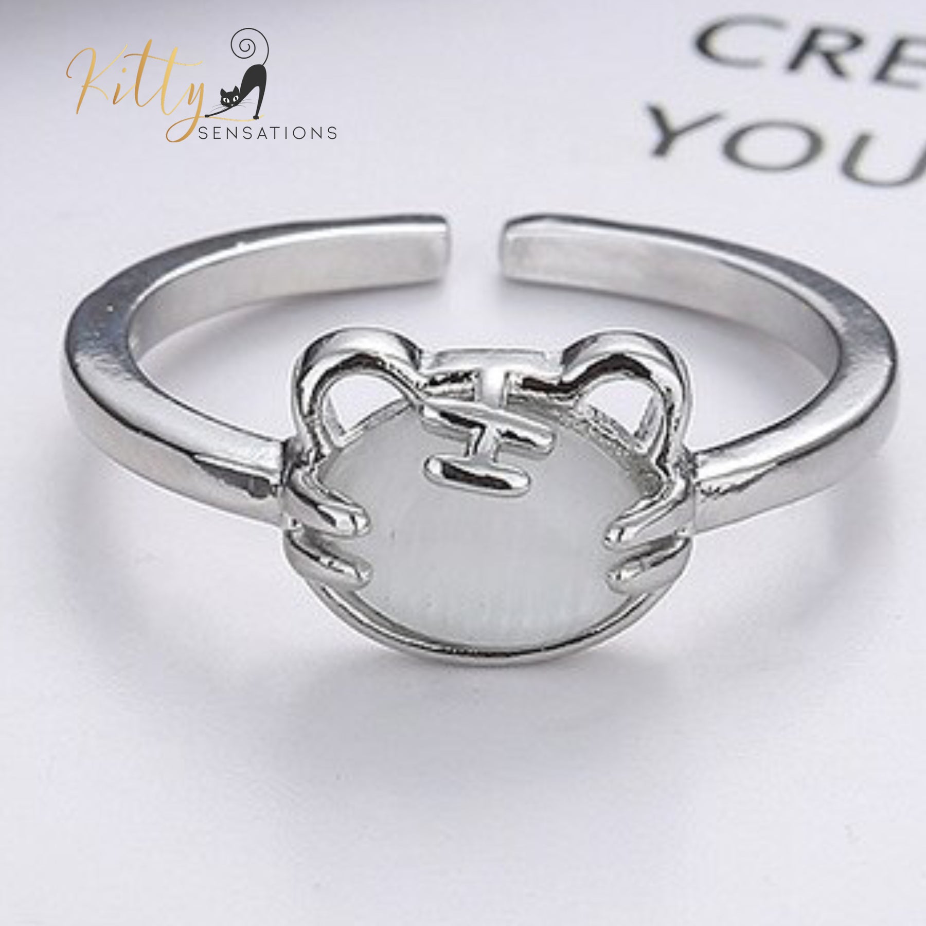 Natural Clear Quartz Cat Ring in Solid 925 Sterling Silver - Adjustable