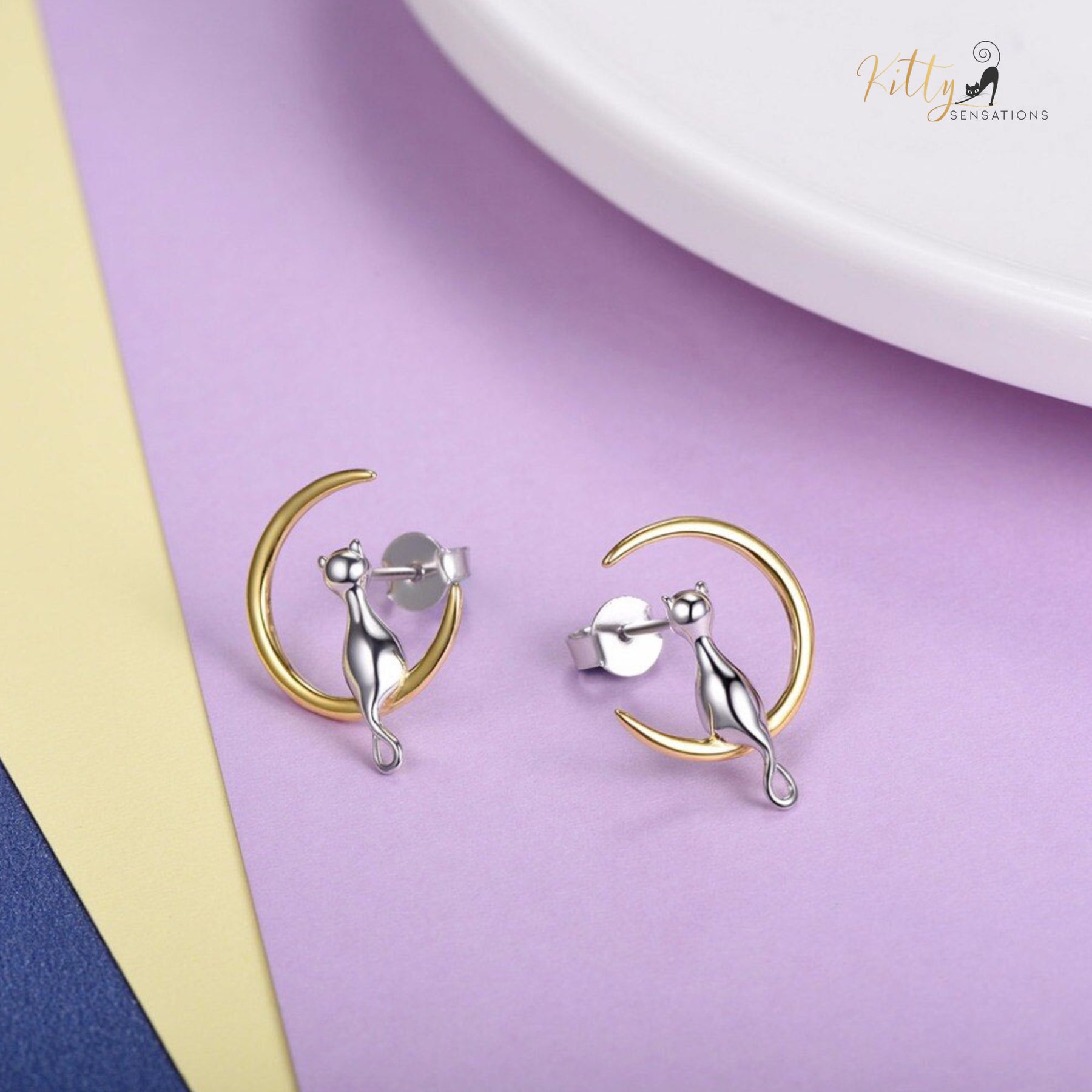 Complete Gold and Silver Moon Kitty Set in Solid 925 Sterling Silver (18K Gold Plated)
