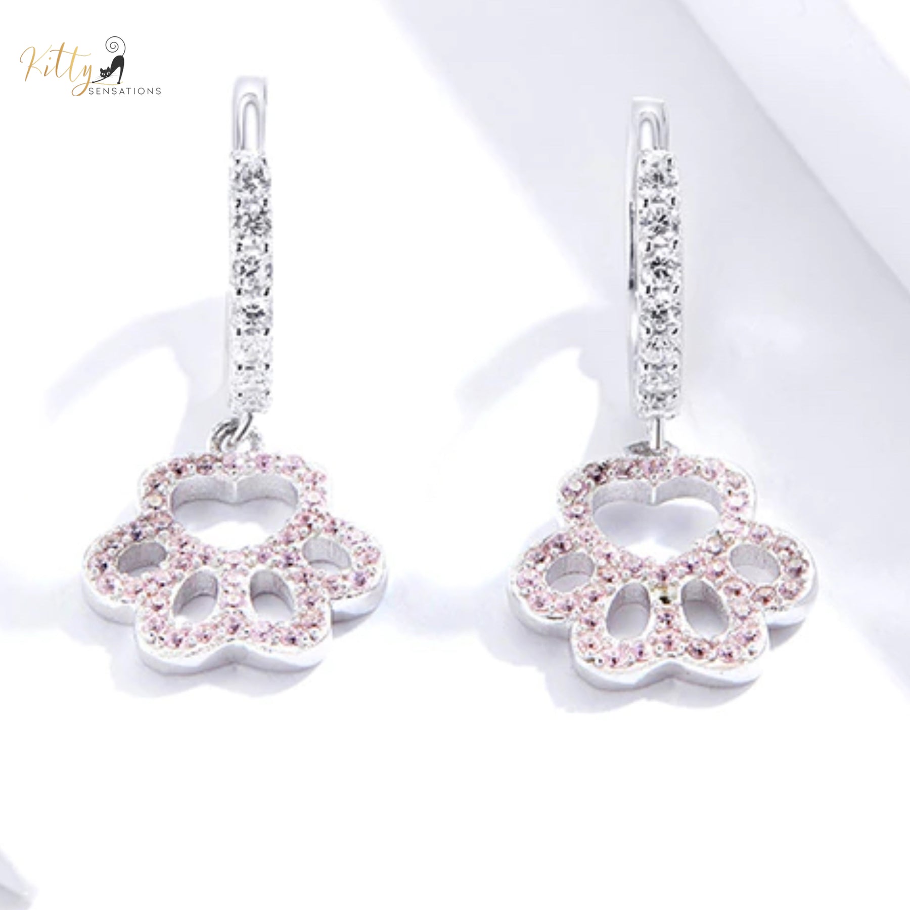 Delicate Pink and Clear Zircon Dangling Paw Cat Hoop Earrings in Solid 925 Sterling Silver (Platinum Plated)