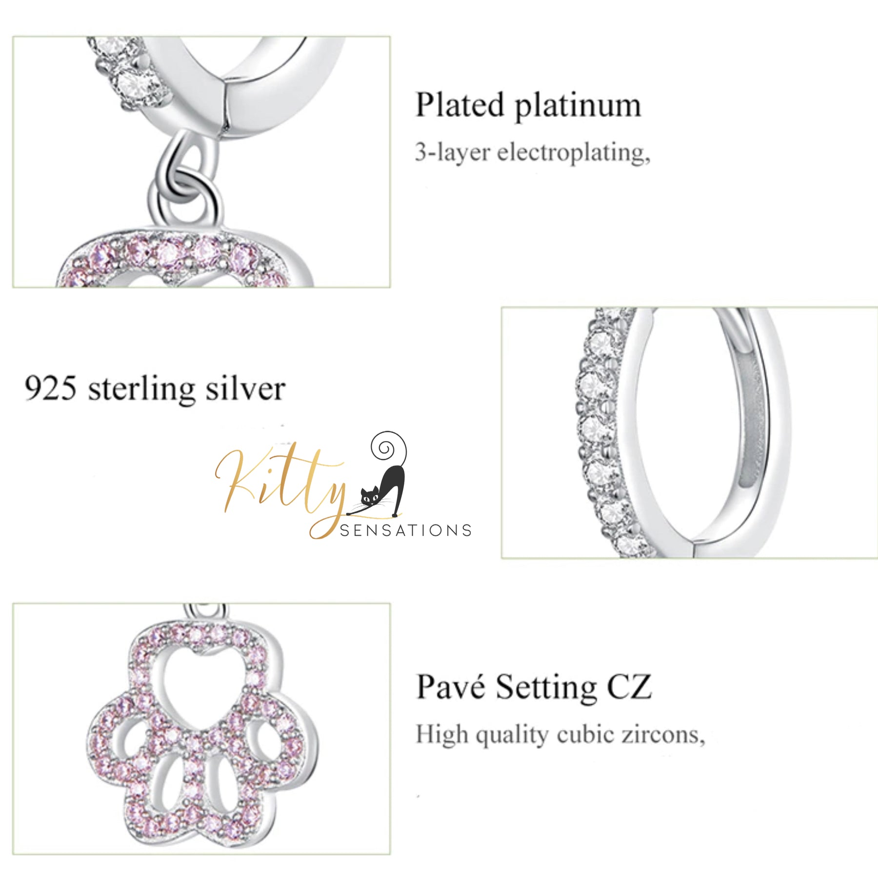 Delicate Pink and Clear Zircon Dangling Paw Cat Hoop Earrings in Solid 925 Sterling Silver (Platinum Plated)