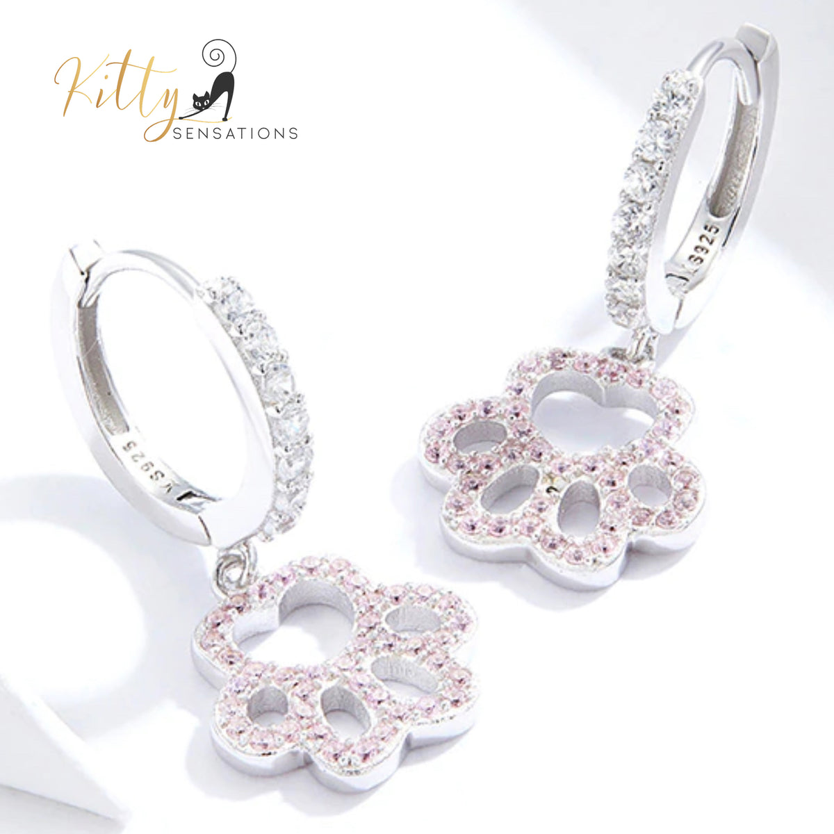 Delicate Pink and Clear Zircon Dangling Paw Cat Hoop Earrings in Solid 925 Sterling Silver (Platinum Plated)