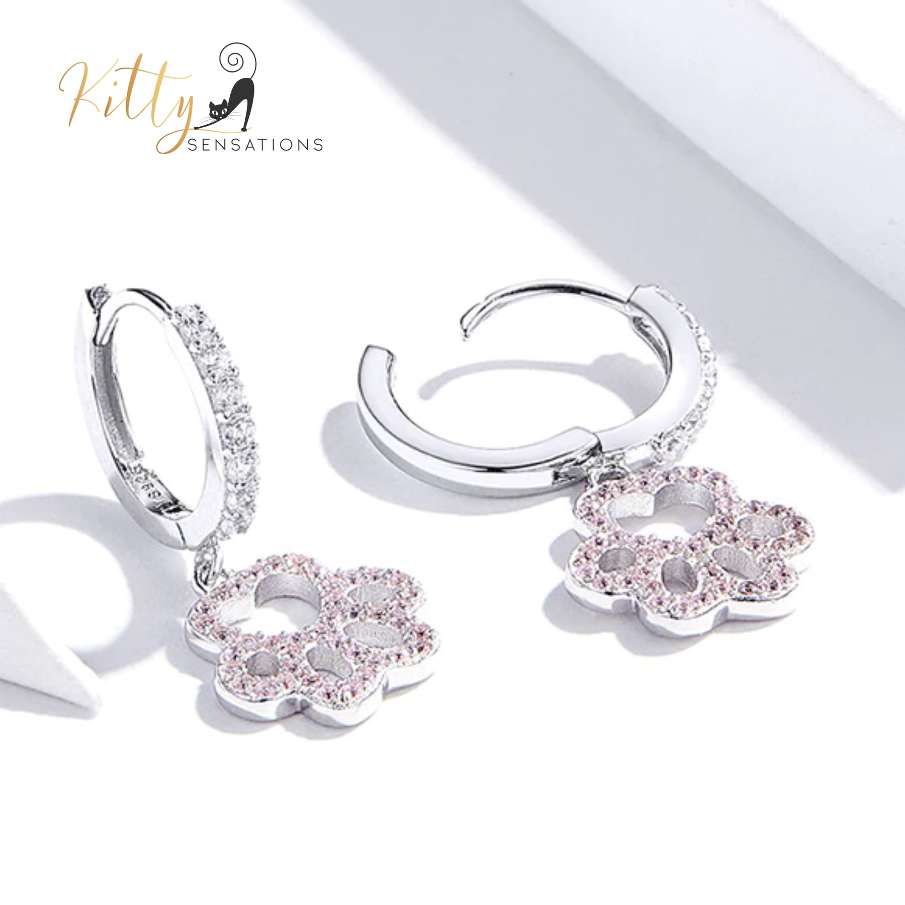 Delicate Pink and Clear Zircon Dangling Paw Cat Hoop Earrings in Solid 925 Sterling Silver (Platinum Plated)