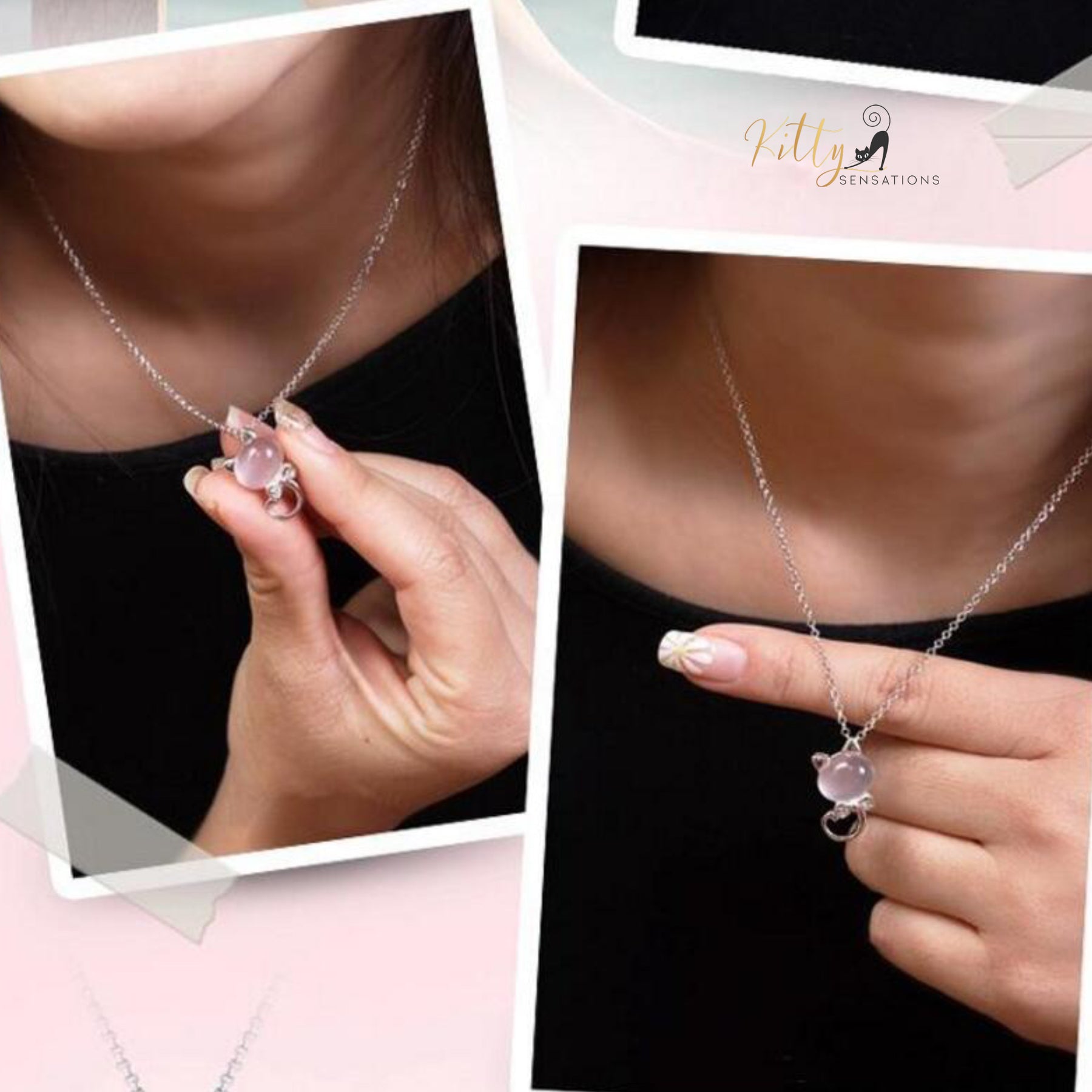 www.KittySensations.com Delicate Tea Pink Crystal Cat Pendant Necklace in Solid 925 Sterling Silver ($22.47): https://www.kittysensations.com/products/delicate-tea-pink-cat-pendant-necklace-in-solid-925-sterling-silver