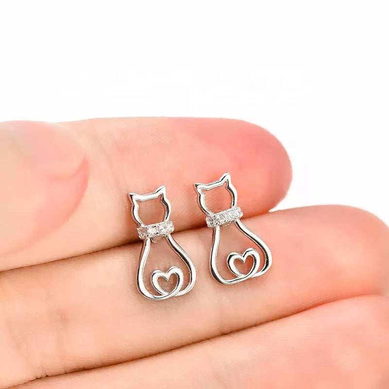 Doodle Cat with CZ Collar Earrings in Solid 925 Sterling Silver
