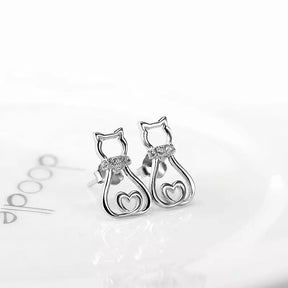 Doodle Cat with CZ Collar Earrings in Solid 925 Sterling Silver