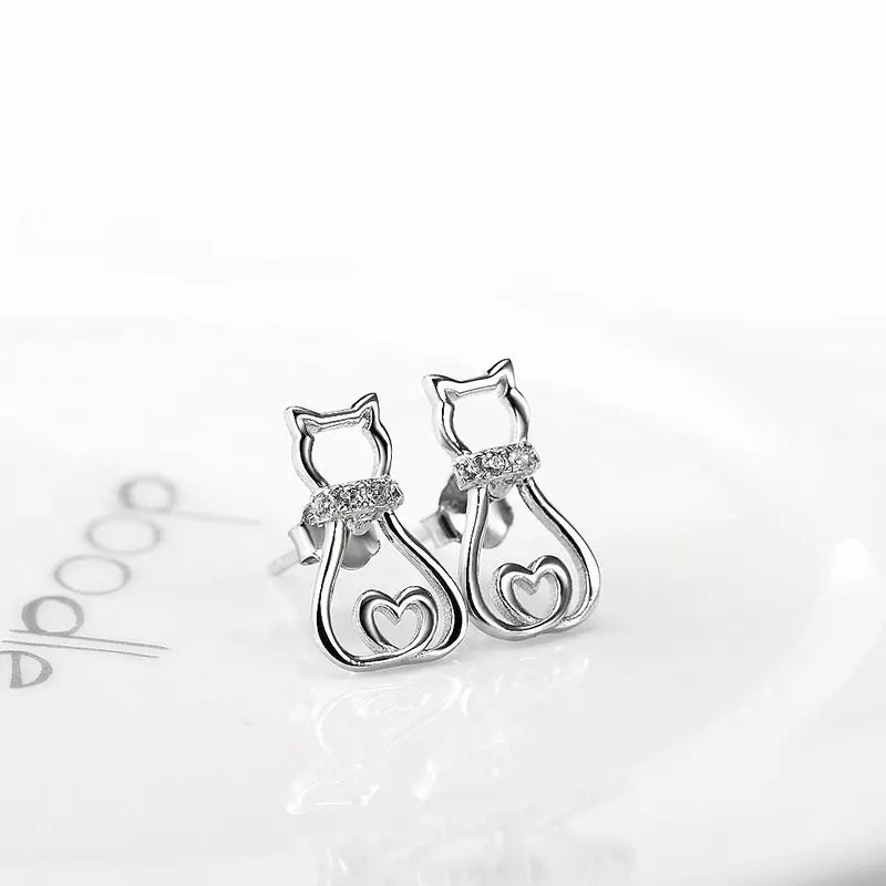 Doodle Cat with CZ Collar Earrings in Solid 925 Sterling Silver