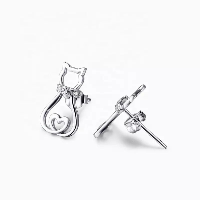 Doodle Cat with CZ Collar Earrings in Solid 925 Sterling Silver