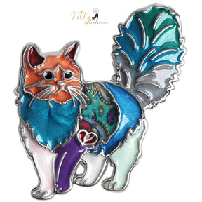 Fluffy Cat Brooch in Enamel Over Metal