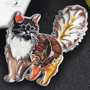 Fluffy Cat Brooch in Enamel Over Metal