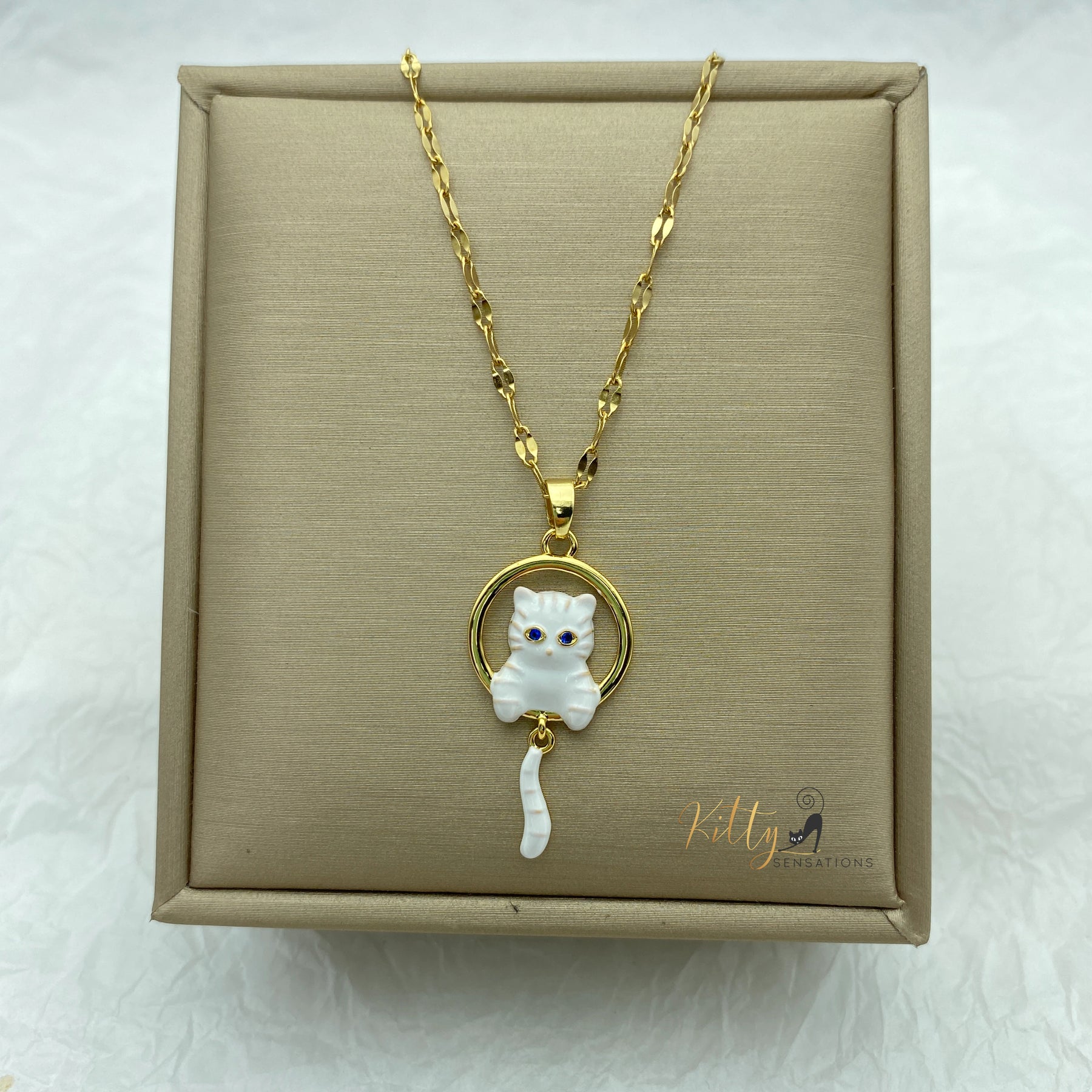 Ivory Enameled Bushy Tailed Kitten Necklace - Gold Plated