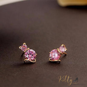 pink cat stud earrings with amethysts black background kittysensations