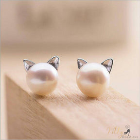 pearl cat earrings plated in 925 sterling silver kittysensations 4779958