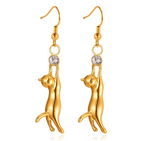 cat drop earrings gold white background kittysensations